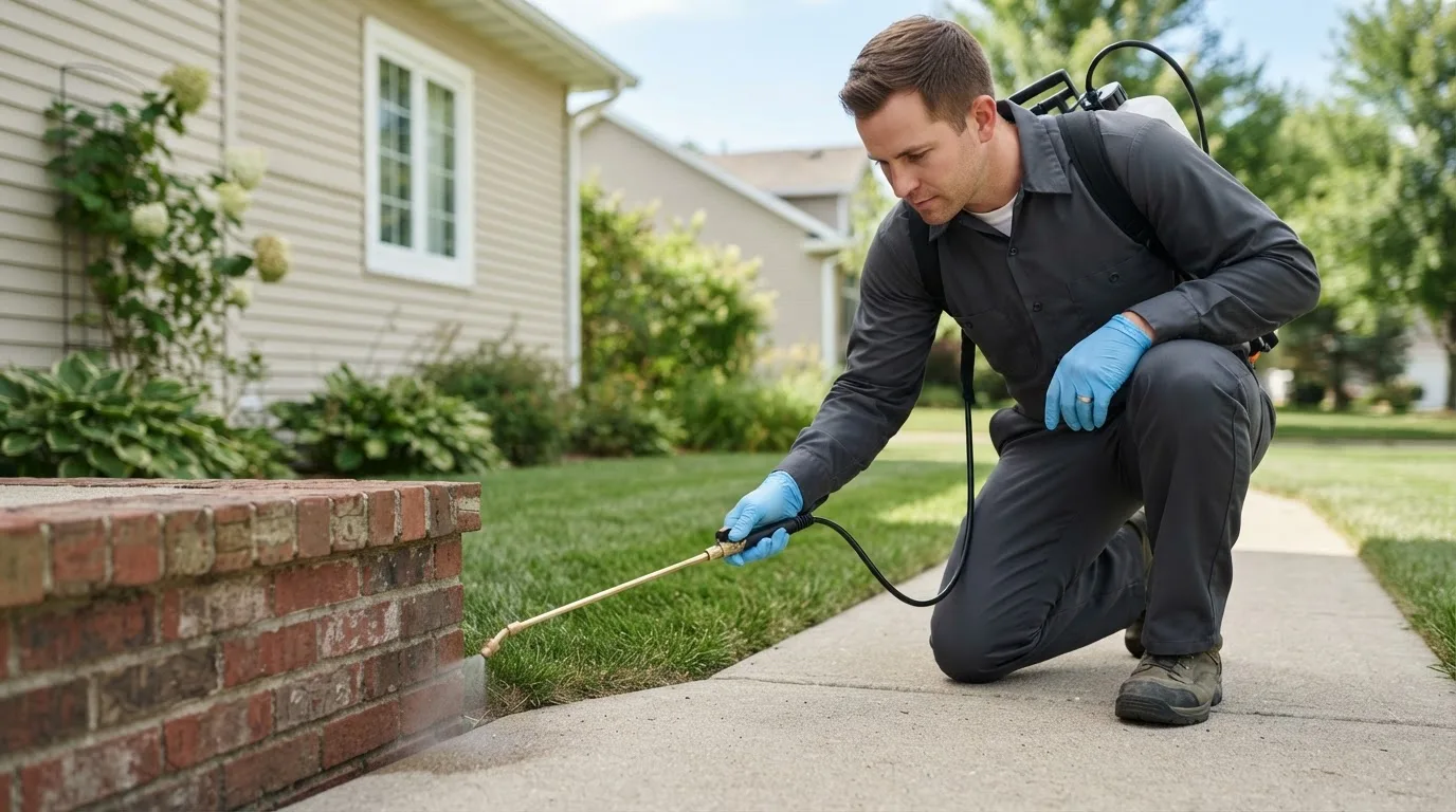 Pest control technician treating a home near East Carondelet, IL